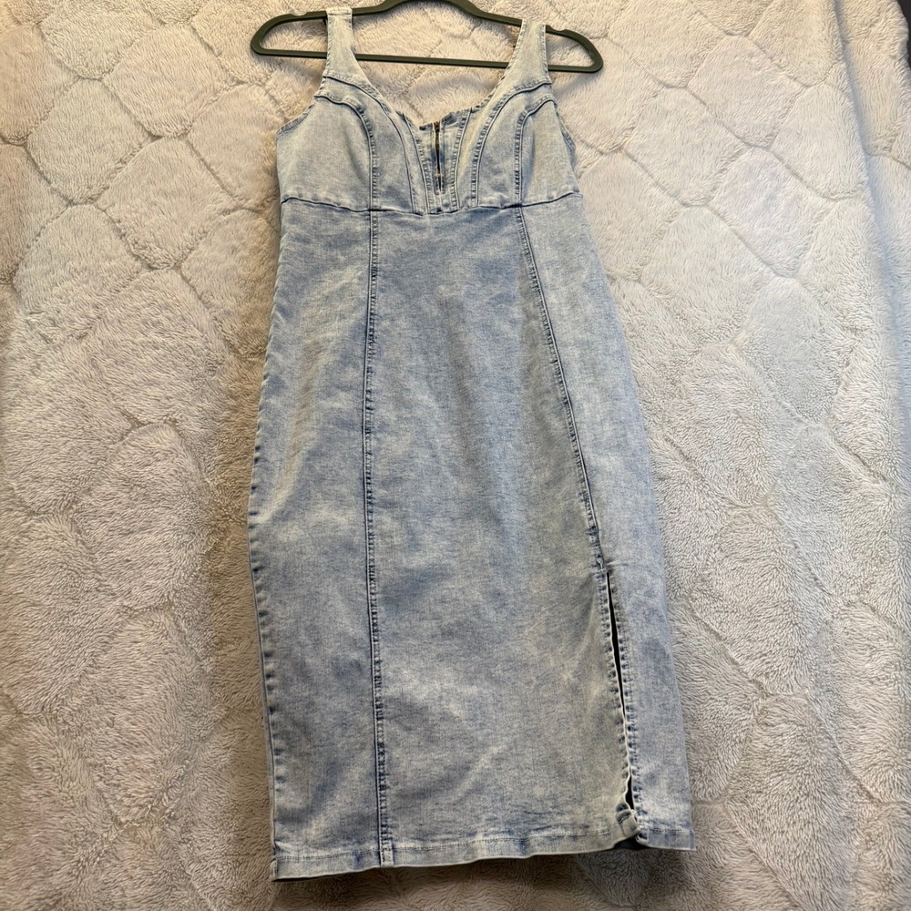 Acid Wash Denim Bodycon Midi Dress Corset Seaming Front Zip Y2K 90s Light Blue
